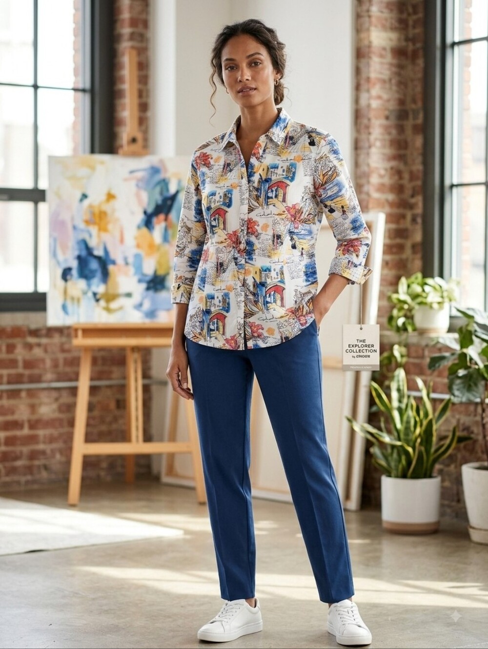 Chicos Size 3 Mediterranean Postcard Novelty Print No-Iron Cotton Blouse 16/18